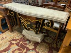 A modern shaped marble console table with gilt metal support W 140 cm