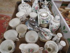 A tray of assorted ceramics to include Aynsley, Pembroke, Portmeirion clock etc
