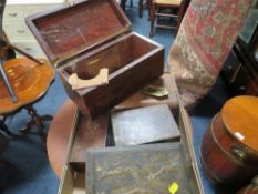 A tray of treen to include an Oriental style tea caddy