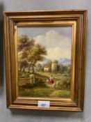 A small 20th century oil on tin landscape of a shepherdess with sheep signed but indistinct
