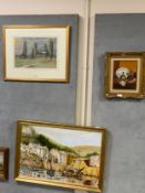 A framed landscape watercolor by E Foster together with a naïve oil on canvas of a harbour scene and