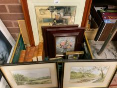 A crate of assorted pictures and prints to include watercolors, vintage encyclopedias etc.