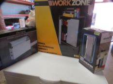 Three as new boxed items to include dehumidifier, heater and storage cabinet