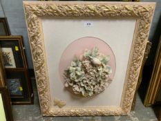 And naïve oil on board depicting a landscape together with two prints and a floral framed print (4)