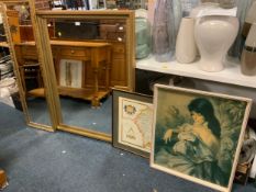 Two modern gilt frame mirrors together with a reproduction Staffordshire map and a retro female