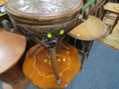 An Eastern Hardwood carved table together with an Italian style table and an oak barley twist table