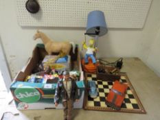 A tray of toys to include talking Indiana Jones figure, Dinky Goodsyard Crane, a selection of