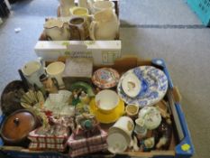 Two trays of assorted ceramics to include water jugs