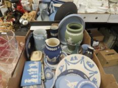 Two trays of assorted Wedgwood Jasperware in various assorted colourways many A/F