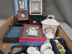 A tray of collectables to include assorted desk clocks, Old Tuptonware style penguin etc.