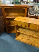 Two modern honey pine open bookcases