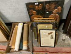 A quantity of assorted pictures prints to include two metal plaques of knights together with a box