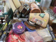 A tray of treen and collectables to include breweriana