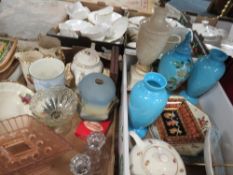 Two trays of ceramics and glass to include Wedgwood and a vintage decorative hand painted light