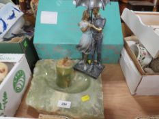 An onyx dish and table lighter together with a figurine