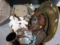 A tray of sundries to include an inlaid clock casing, copper charger etc