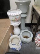 A selection of large ceramics to include jardinière on stand and a blue/white jug