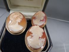 Three hallmarked 9 carat gold mounted cameo brooches approx. combined weight 20.9g