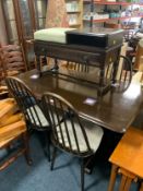 An Ercol style refectory table with four hoop back chairs and a telephone table A/F
