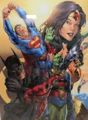 A LARGE FRAMED AND GLAZED WARNER BROS LIMITED EDITION LITHOGRAPH 'THE JUSTICE LEAGUE OF AMERICA: PO