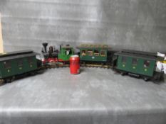 LEHMANN GARDEN SCALE LGB LOCOMOTIVE No.2, together with three green Lehmann LGB carriages