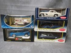 FIVE BOXED 1:18 SCALE DIE CAST CARS, to include Kyosho Mercedses Benz 300SL, Kyosho Morgan Plus 4