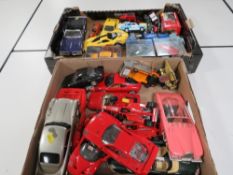 TWO TRAYS OF MAINLY UNBOXED DIE CAST VEHICLES, to include 1:18, 1:24 scales and smaller