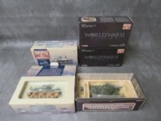 THREE BOXED CORGI WORLD WAR II HEROES TANKS, to include Sherman M4A3 British Army Royal Scots