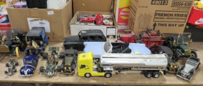 THIRTEEN MAINLY LARGE SCALE UNBOXED VEHICLES, to include tin plate taxi, tin plate fire engine, 2002
