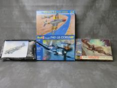FOUR AEROPLANE MODEL KITS, to include Revell 1:32 scale F4U-1A Corsair, Trumpeter 1:48 scale