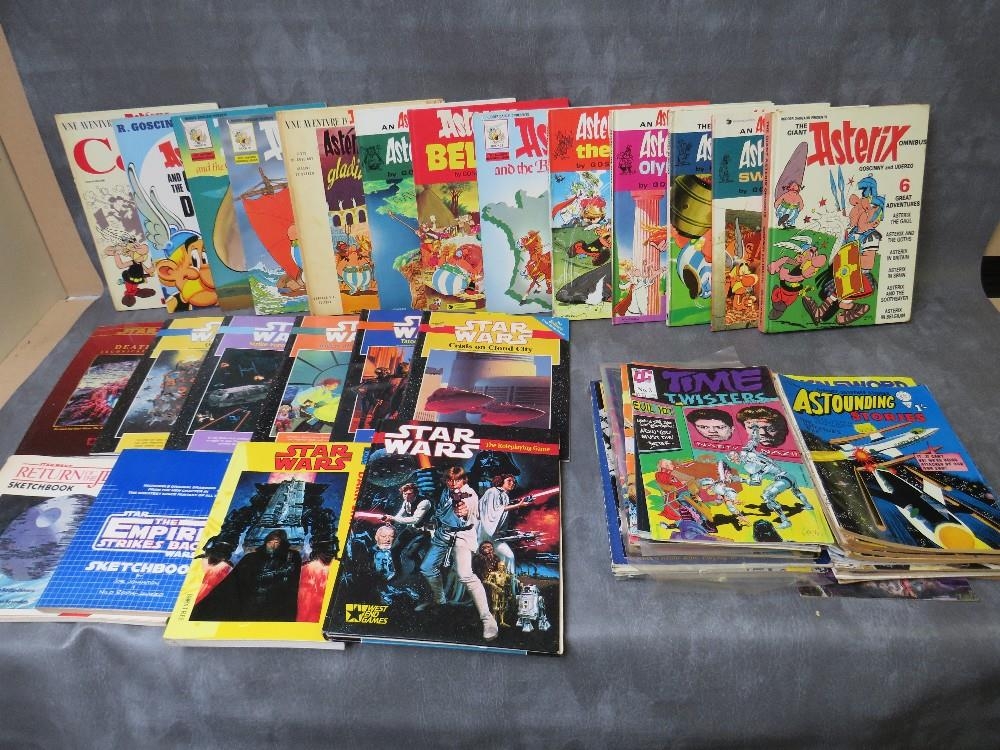 BOX CONTAINING OVER THIRTY MIXED VINTAGE COMICS/MAGAZINES, ten Star Wars books/magazines and