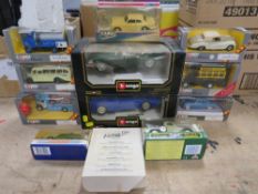 TWO BOXED BURAGO 1:18 SCALE CARS, 1991 Bugatti and 1961 Jaguar, both boxes A/F, six boxed Corgi
