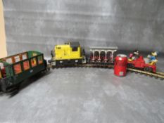 GARDEN GAUGE LOCOMOTIVE, together with a Lehmann LGB open carriage, a Lionel Mickey Mouse / Donald