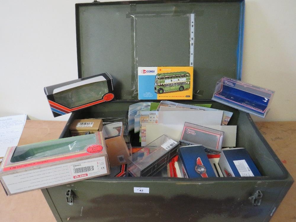 METAL CHEST FULL OF EMPTY DIE CAST VEHICLE BOXES, boxes include mainly EFE, Corgi, Oxford etc., some