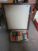 A WOODEN FRAMED GLASS FRONTED WALL MOUNTED MODEL DISPLAY CASE, with nine glass shelves, approx. H 86