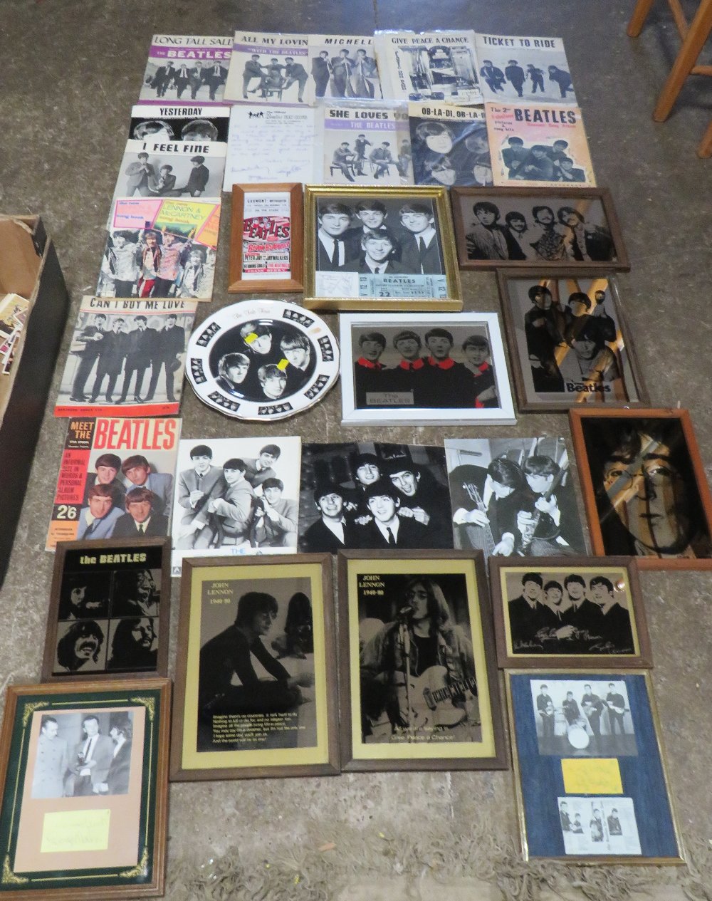A LARGE COLLECTION OF BEATLES PICTURES, PICTURE MIRRORS, sheet music, photographs, Fan Club Materia