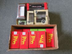 TWO BOXES OF EMPTY DIE CAST BOXES, one containing Britbus boxes, one containing Oxford Diecast and