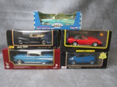 FIVE BOXED 1:18 SCALE DIE CAST CARS, to include Road Legends 1957 Chevrolet Bel Air, Maiston 1997