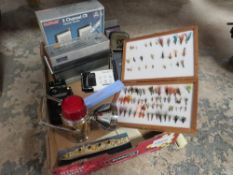 A tray of collectables to include vintage calculator, a box of fishing flies, vintage radios etc.