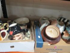 Two trays of Royal Doulton and other character and toby jugs to include Mark Twain and Guy Fawkes