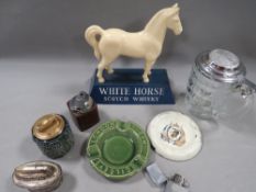 A tray of assorted collectables and breweriana to include vintage 'White Horse' advertising