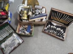 Two cutlery canteen with contents together with a tray of metal ware
