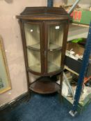 A small Edwardian mahogany inlaid bow fronted corner cabinet H 133 cm