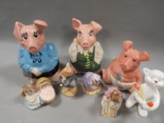 Eight ceramic figures to include Royal Albert Beatrix Potter and Three Wade Nat West Pigs