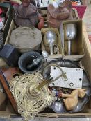 A tray of collectables to include Victorian incense burner, metalware, African pots, bronze mortar &