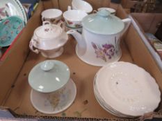 A tray of ceramics to include a Portmeirion tea pot