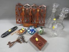 A tray of collectables to include decanters, mother of pearl inlaid glasses case etc