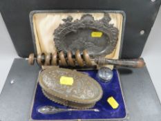 A part hallmarked silver backed manicure set together with an Art Nouveau style small tray,