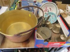 A small tray of collectables to include Portmeirion plate, brass bells etc