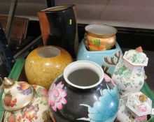 A tray of decorative vases to include a glass example